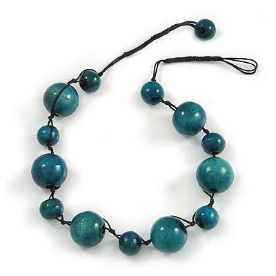 Teal Green Wood Bead Black Cotton Cord Necklace - 52cm Long - main view