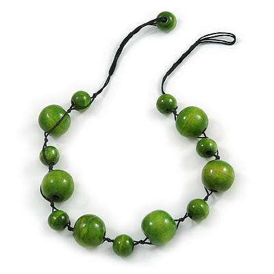 Lime Green Wood Bead Black Cotton Cord Necklace - 52cm Long - main view
