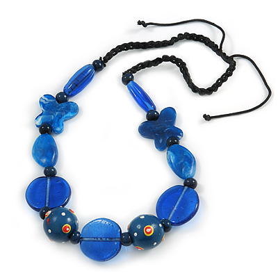 Signature Wood, Ceramic, Acrylic Bead Black Cord Necklace (Dark Blue/ Blue) - 60cm L (Adjustable) - main view