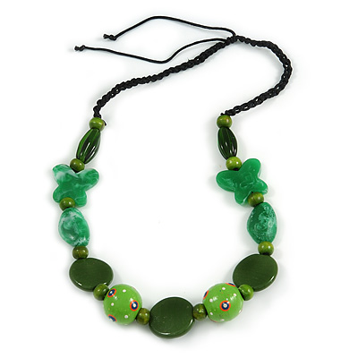 Romantic Butterfly Beaded Black Cord Necklace in Green - 56cm L - Adjustable