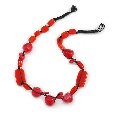 Carrot Red Ceramic, Glass, Wood and Raspberry Red Resin Beads Black Cord Necklace - 55cm L - main view