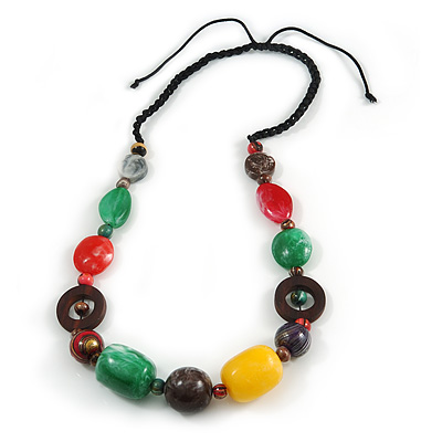 Multicoloured Resin, Wood Bead with Black Cotton Cord Necklace - 64cm L