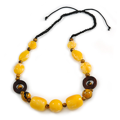 Yellow Resin, Wood Bead with Black Cotton Cord Necklace - 64cm L