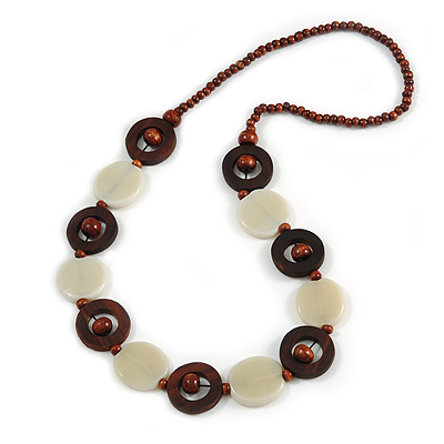 Milky White Ceramic and Brown Wood Bead Necklace - 74cm Long - main view