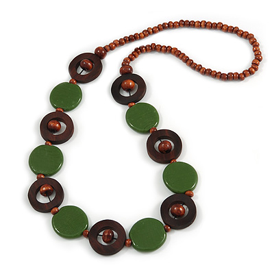Bottle Green Ceramic and Brown Wood Bead Necklace - 74cm Long