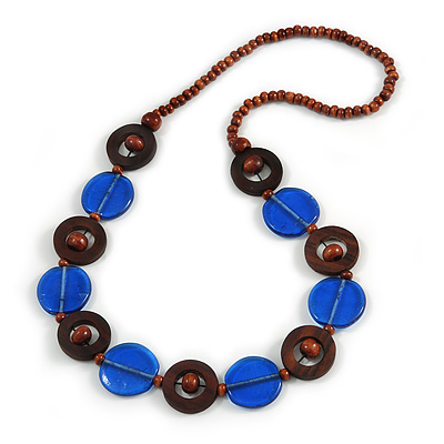 Blue Ceramic and Brown Wood Bead Necklace - 74cm Long - main view