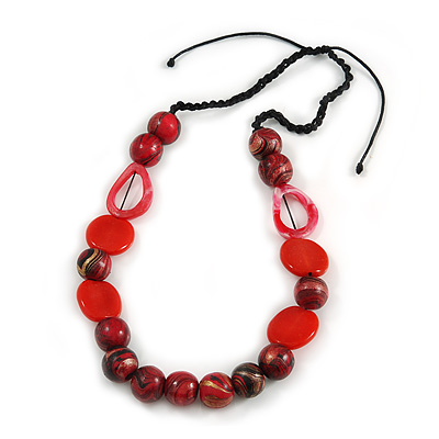 Statement Wood, Ceramic and Acrylic Bead Black Cord Necklace In Red - 60cm Long