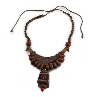 Ethnic Statement Geometric Wood Bead Cotton Cord Necklace In Brown - Adjustable - main view