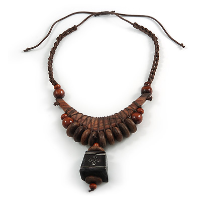 Ethnic Statement Geometric Wood Bead Cotton Cord Necklace In Brown - Adjustable - main view