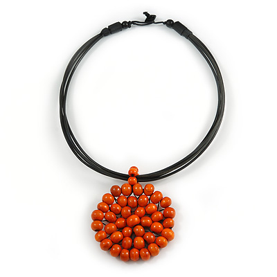 Black Rubber Cord Necklace with Orange Wood Bead Medallion Pendant - 50cm L