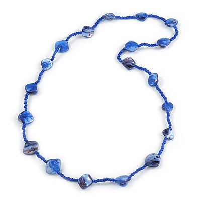 Sea Shell and Glass Bead Necklace In Blue - 78cm Long