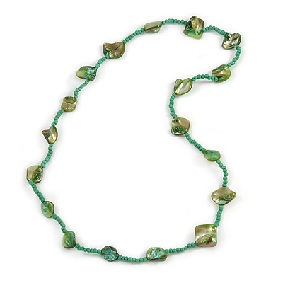 Sea Shell and Glass Bead Necklace In Green - 76cm Long