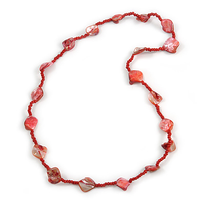 Sea Shell and Glass Bead Necklace In Red - 80cm Long