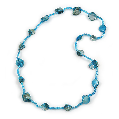 Sea Shell and Glass Bead Necklace In Light Blue - 80cm Long