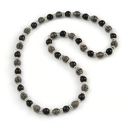 Black Glass Bead with Silver Tone Metal Wire Element Necklace - 70cm Long - main view