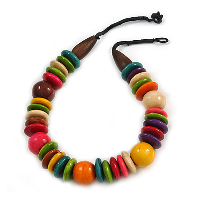 Statement Multicoloured Round and Button Wood Bead Necklace - 56cm L - main view