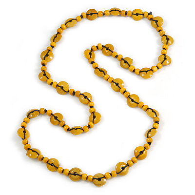 Long Yellow Wood Button Bead Necklace - 110cm Long