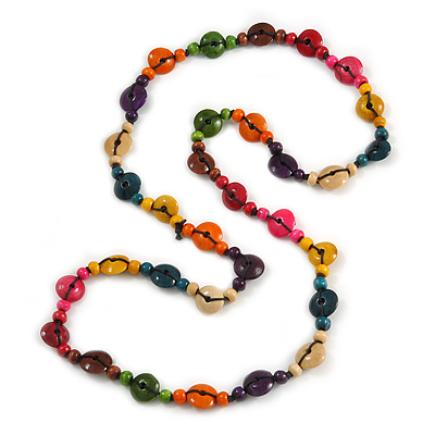 Long Multicoloured Wood Button Bead Necklace - 110cm Long