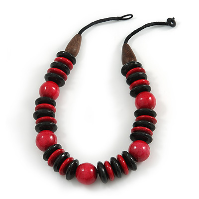 Statement Red/ Black Round and Button Wood Bead Necklace - 56cm L - main view