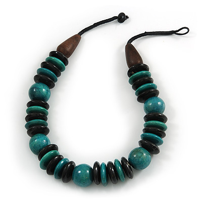 Statement Teal/ Black Round and Button Wood Bead Necklace - 56cm L - main view