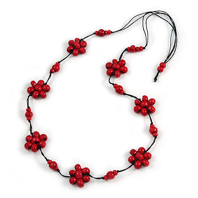 Stunning Red Wood Flower Black Cotton Cord Long Necklace - 90cm L - main view