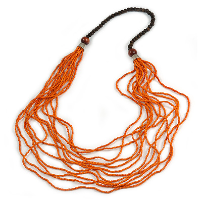 Statement Multistrand Orange Glass Bead, Brown Wood Bead Necklace - 110cm L - main view
