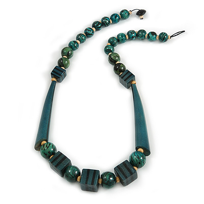 Statement Geometric Teal Wood Bead Necklace - 60cm Long - main view