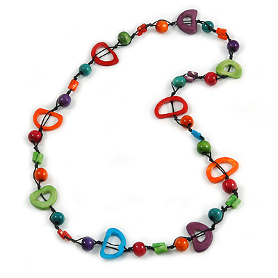 Multicoloured Round and Oval Wooden Bead Cotton Cord Necklace - 84cm Long