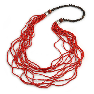 Statement Multistrand Bright Red Glass Bead, Brown Wood Bead Necklace - 110cm L - main view
