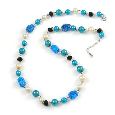 Glass, Resin, Faux Pearl Bead Necklace with Silver Tone Closure (Blue/ Cream/ Black) - 66cm L/ 5cm Ext - main view