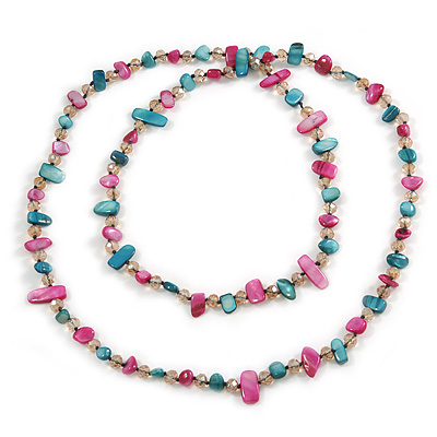 Long Teal, Magenta Shell/ Light Beige Glass Crystal Bead Necklace - 115cm L - main view