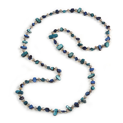 Long Teal, Dark Blue Shell/ Transparent Glass Crystal Bead Necklace - 122cm L
