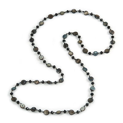 Long Shell, Crystal Bead Necklace in Black - 116cm L