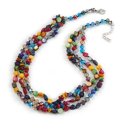 Multicoloured 3 Strand Layered Glass/ Shell Bead Necklace with Silver Tone Closure - 50cm L/ 6cm Ext - main view