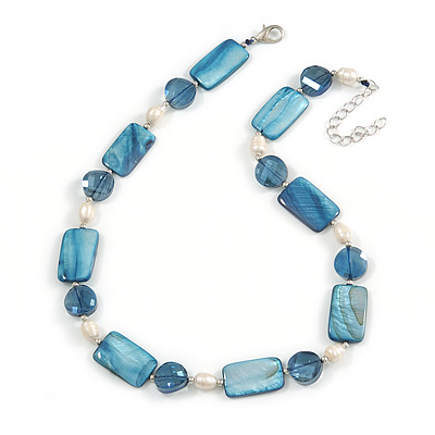 Grayish-blue Glass Bead, Sea Blue Shell, Cream Freshwater Pearl Necklace with Silver Tone Closure - 44cm L/ 5cm Ext - main view