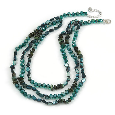 3 Strand Layered Glass/ Shell Bead Necklace In Malachite Green/ Emerald Green with Silver Tone Closure - 50cm L/ 6cm Ext - main view