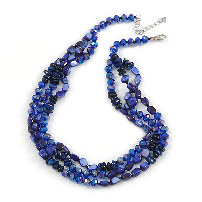 3 Strand Layered Glass/ Shell Bead Necklace In Dark Blue/ Violet Blue with Silver Tone Closure - 50cm L/ 6cm Ext
