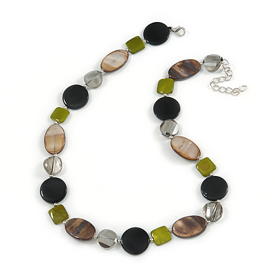 Light Grey Glass Bead, Lime Green/ Black/ Grey Shell Necklace with Silver Tone Closure - 50cm L/ 4cm Ext - main view