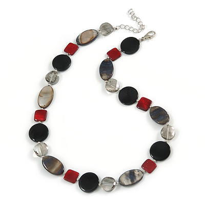 Light Grey Glass Bead, Ox Blood/ Black/ Grey Shell Necklace with Silver Tone Closure - 50cm L/ 4cm Ext