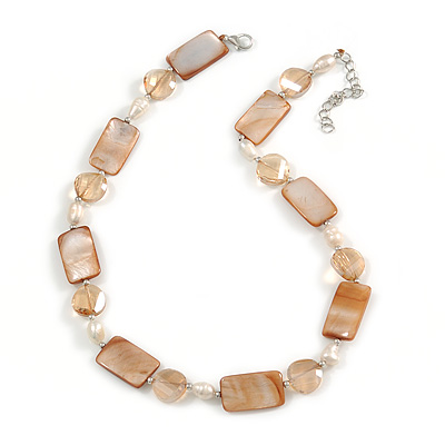 Light Caramel Glass Bead, Sandy Brown Shell, Cream Freshwater Pearl Necklace with Silver Tone Closure - 44cm L/ 5cm Ext - main view