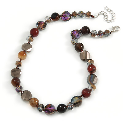 Stunning Glass and Agate Bead Necklace with Silver Tone Closure (Brown, Grey, Purple) - 42cm L/ 6cm Ext - main view