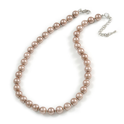 10mm Classic Beige Glass Bead Necklace with Silver Tone Closure - 44cm L/ 6cm Ext