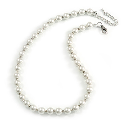 10mm Classic White Glass Bead Necklace with Silver Tone Closure - 44cm L/ 6cm Ext - main view