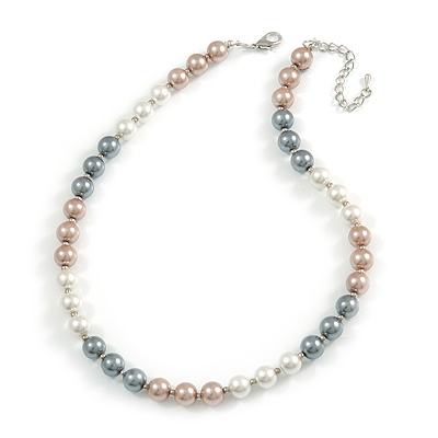 10mm Classic Beige/ White/ Grey Glass Bead Necklace with Silver Tone Closure - 44cm L/ 6cm Ext - main view