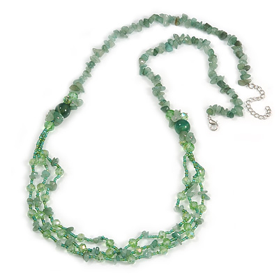 Statement Long Multistrand Glass and Semiprecious Stone Necklace In Jade Green - 90cm L - main view