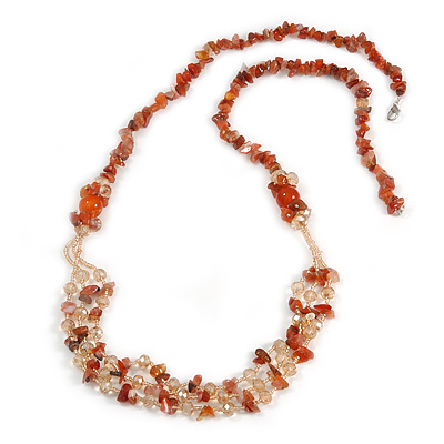 Statement Long Multistrand Champagne Glass Beads and Burnt Orange Semiprecious Nuggets Necklace - 90cm L - main view