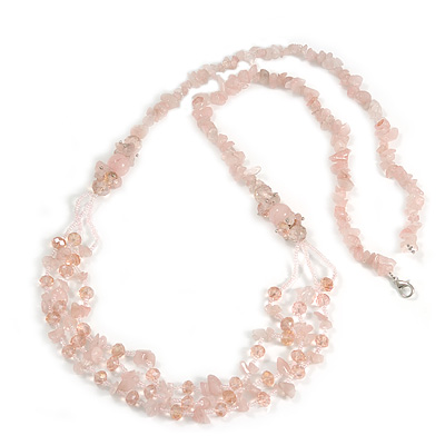 Statement Long Multistrand Light Pink Glass Beads and Rose Quartz Semiprecious Nuggets Necklace - 90cm L