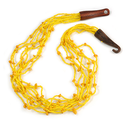 Ethnic Multistrand Yellow Glass Bead, Semiprecious Stone Necklace With Wood Hook Closure - 60cm L - main view