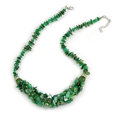 Stylish Cluster Shell and Glass Bead with Crystal Ring Necklace In Silver Tone (Green) - 45cm L/ 5cm Ext - main view