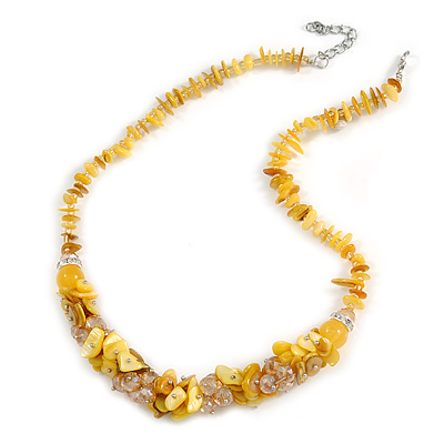 Stylish Cluster Shell and Glass Bead with Crystal Ring Necklace In Silver Tone (Yellow) - 45cm L/ 5cm Ext - main view